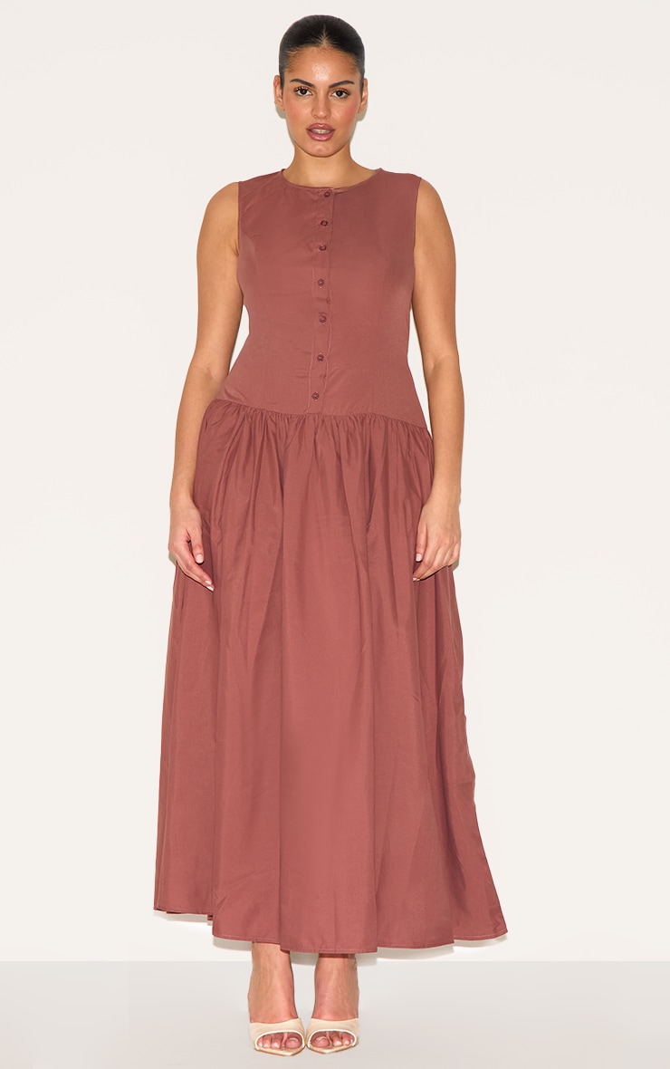 Plus Brown Button Down Drop Waist Maxi Dress image 1