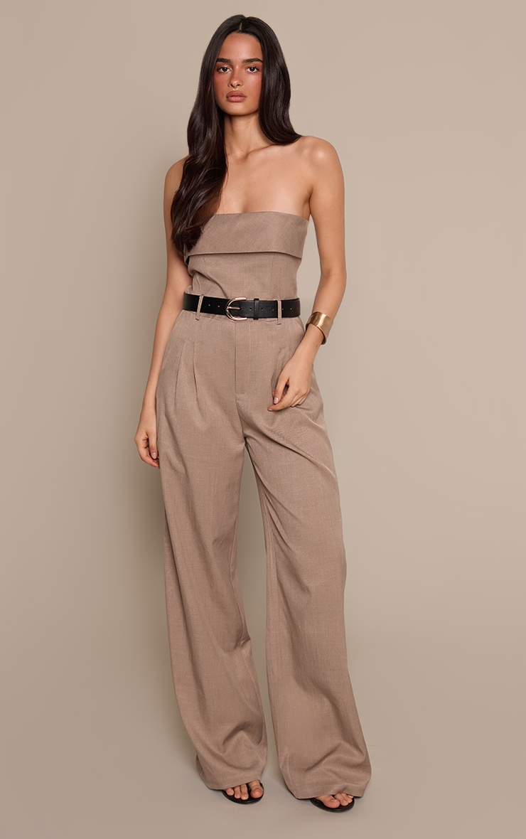 Taupe Woven Bandeau Belted Wide Leg Jumpsuit