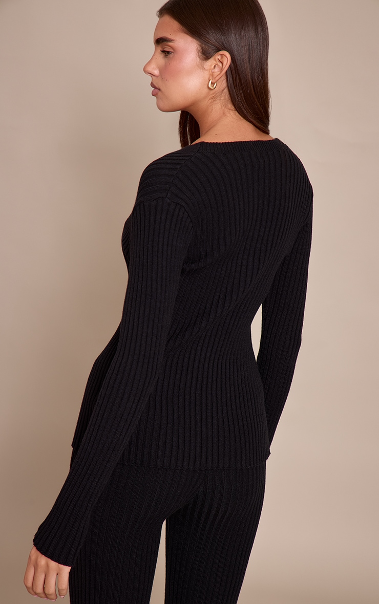 Black Ribbed Knitted Long Sleeve Button Down Cardigan  image 2