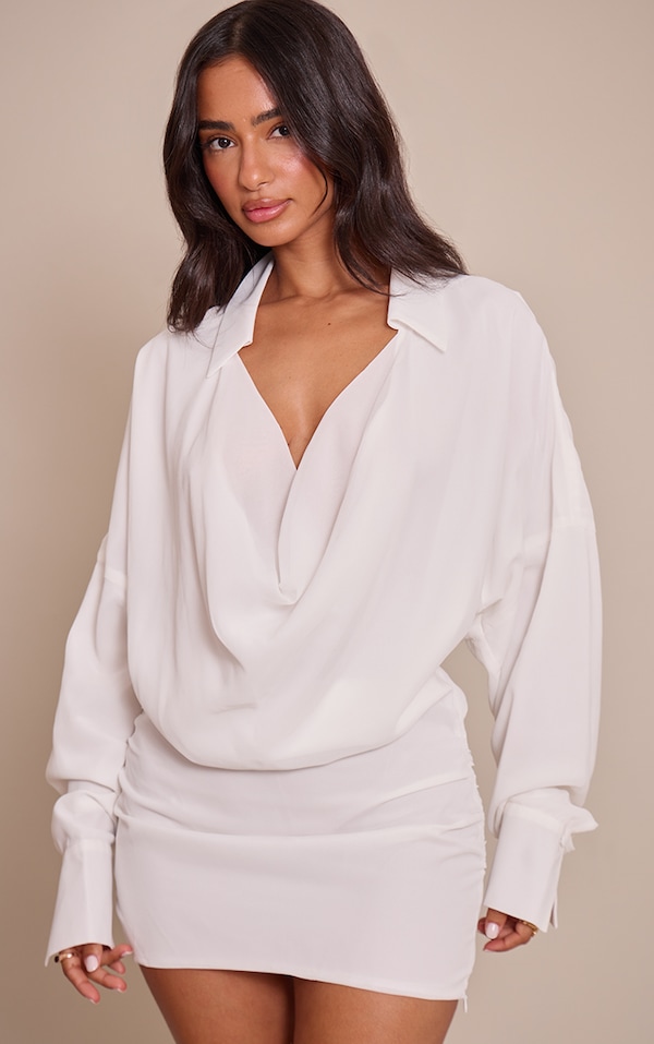Petite White Chiffon Cowl Neck Collared Dress
