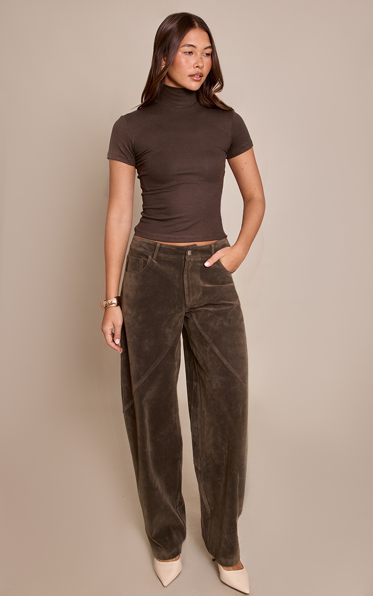 Dark Chocolate Soft Rib High Neck Fitted Longline T-Shirt image 3