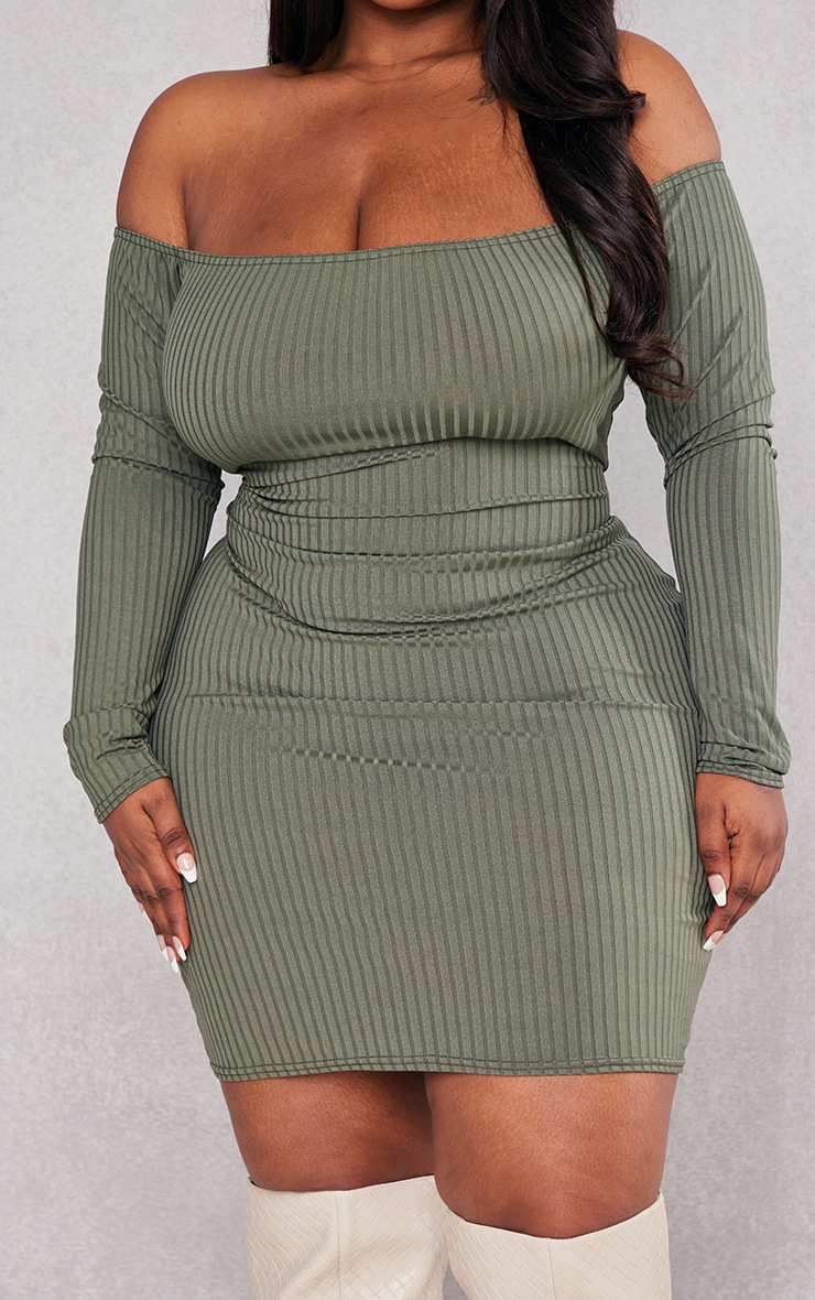 Plus Moss Khaki Bardot Long Sleeve Bodycon Dress image 4