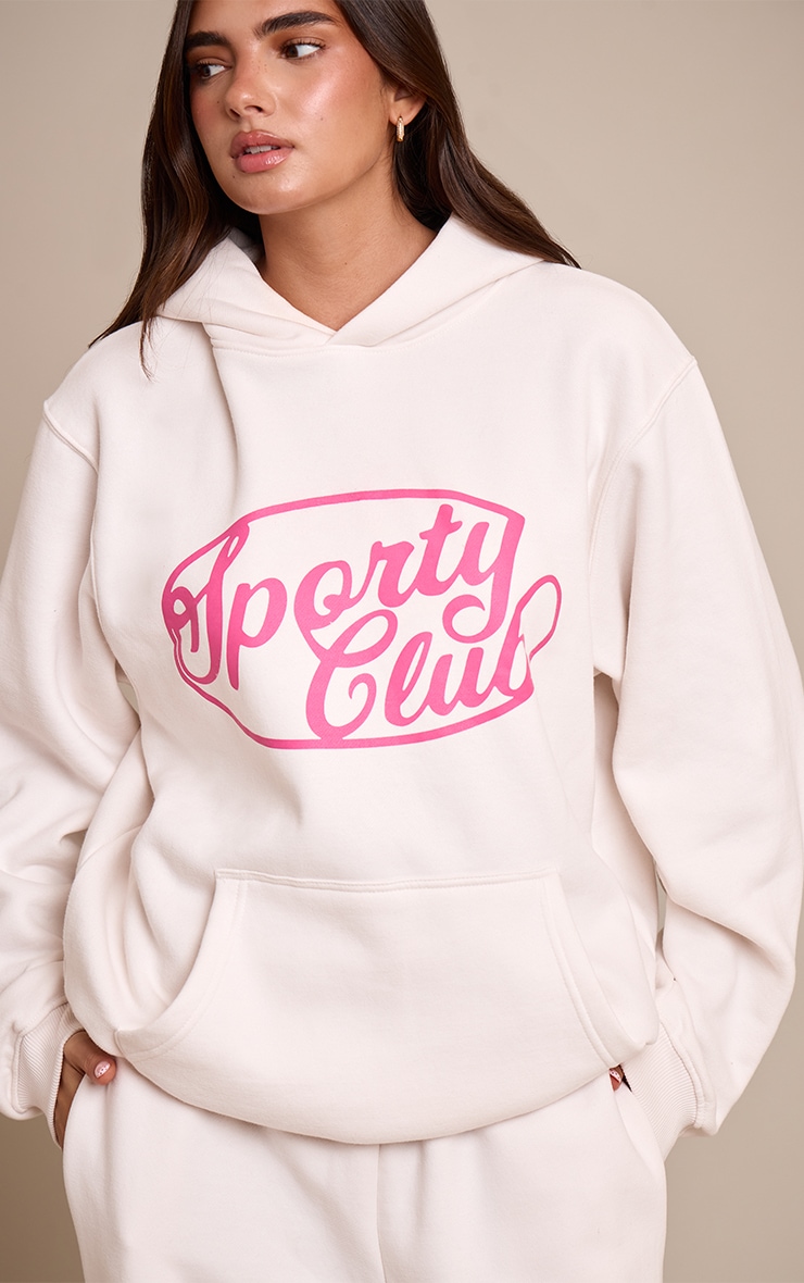 Cream Sports Club Cotton Fleece Oversized Pull Over Hoodie image 1