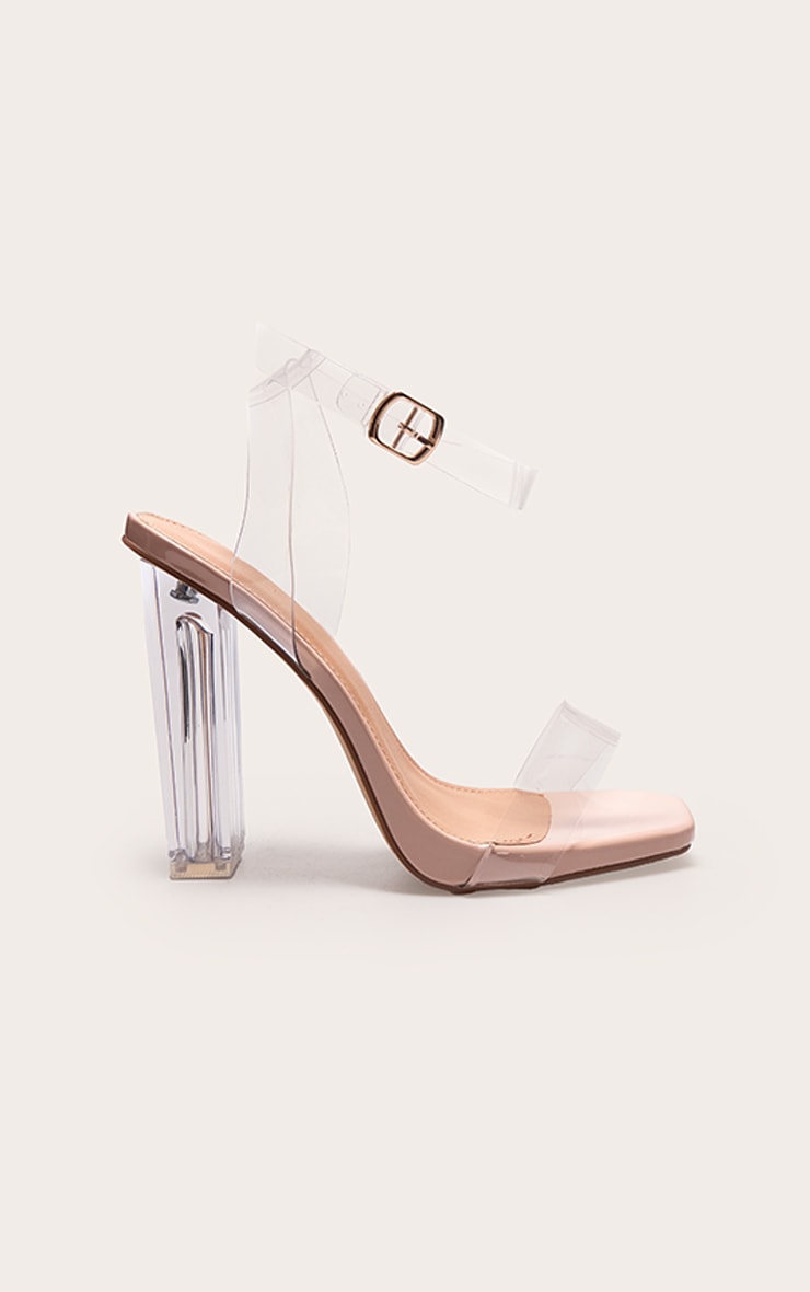 Nude Wide Fit Clear High Block Heel Strappy Heel Sandals image 2
