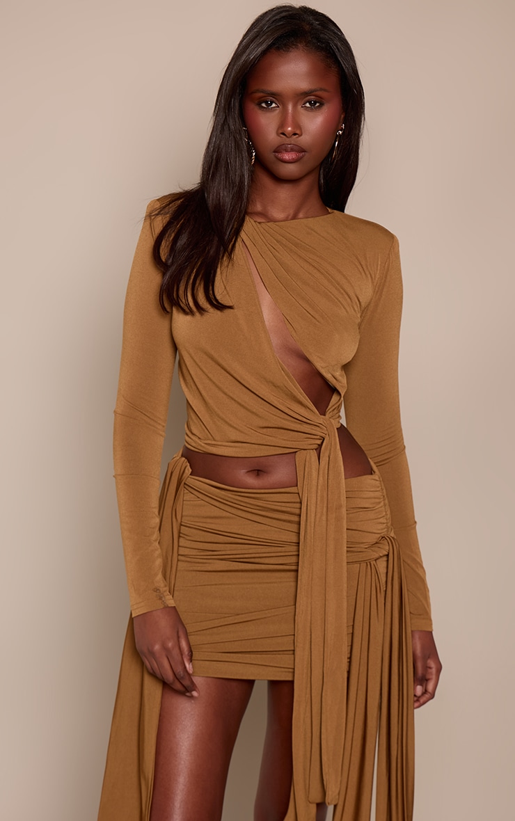 Golden Olive Slinky Jersey Cut Out Detail Knot Detail Top