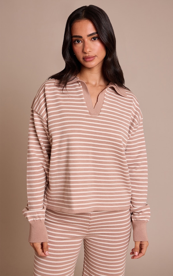 Petite Beige Striped Collar Knitted Jumper 