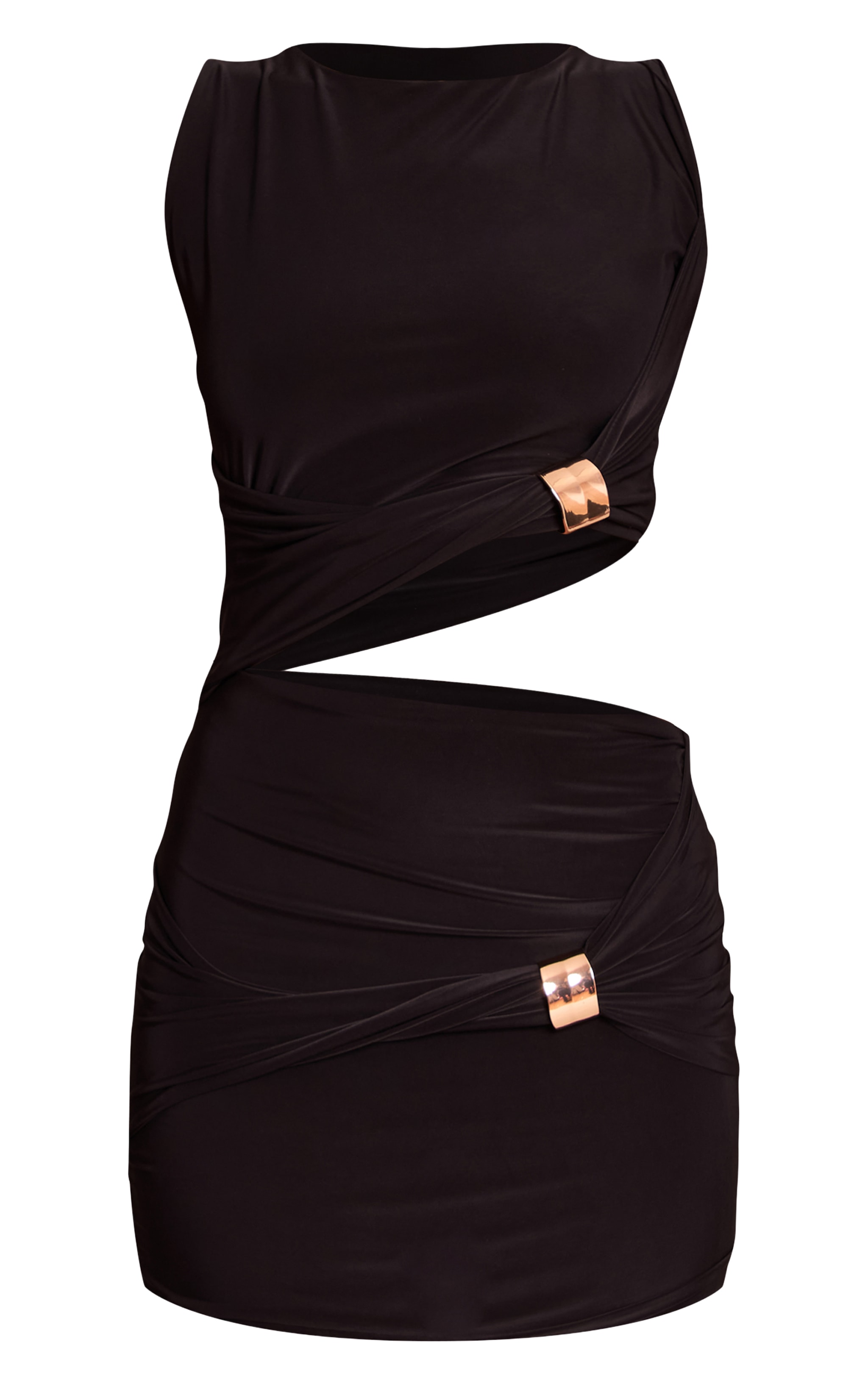 Robe mini noire à détails de liseré en matière satinée et à découpes. image 5