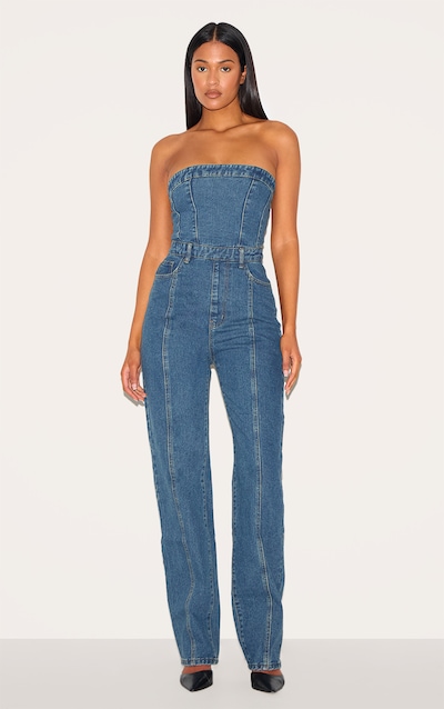 Tall Indigo Vintage Wash Bandeau Style Straight Leg Denim Jumpsuit