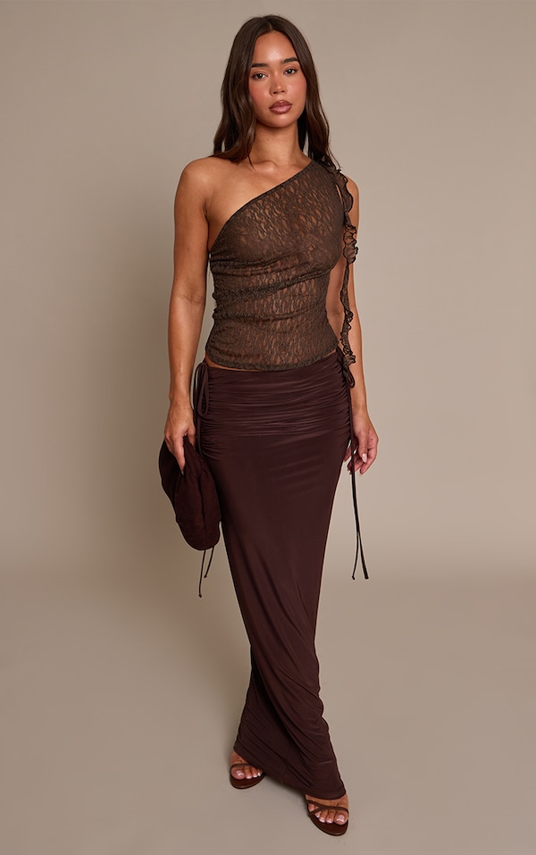 Dark Chocolate Double Layer Slinky Ruched Side Maxi Skirt 