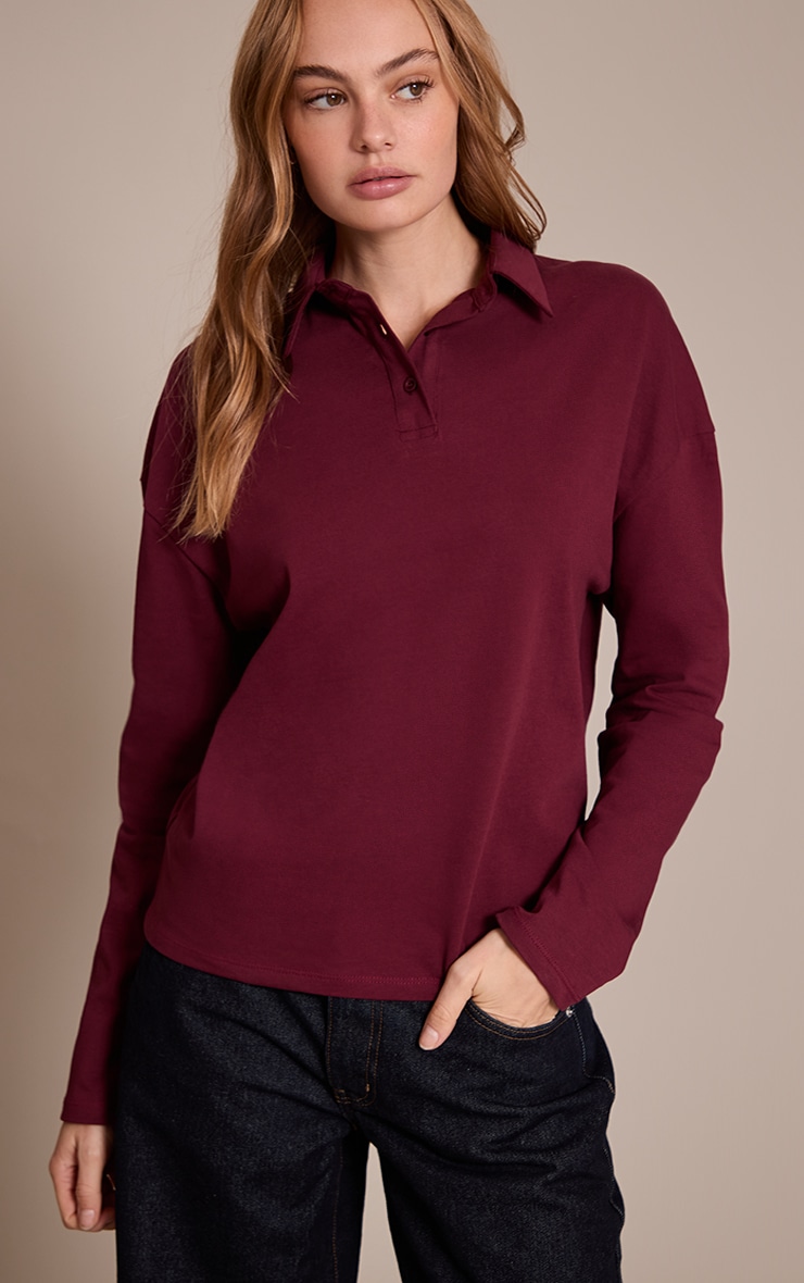 Plum Cotton Polo Collar Long Sleeve Top