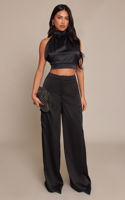 Black Satin Wide Leg Cargos