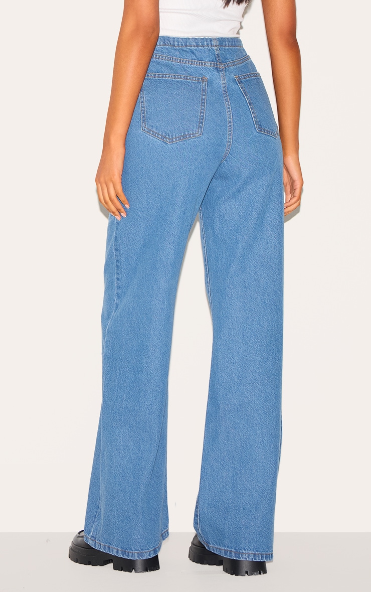 Tall Mid Blue Wash Low Rise Tie Waistband Wide Leg Jeans image 3
