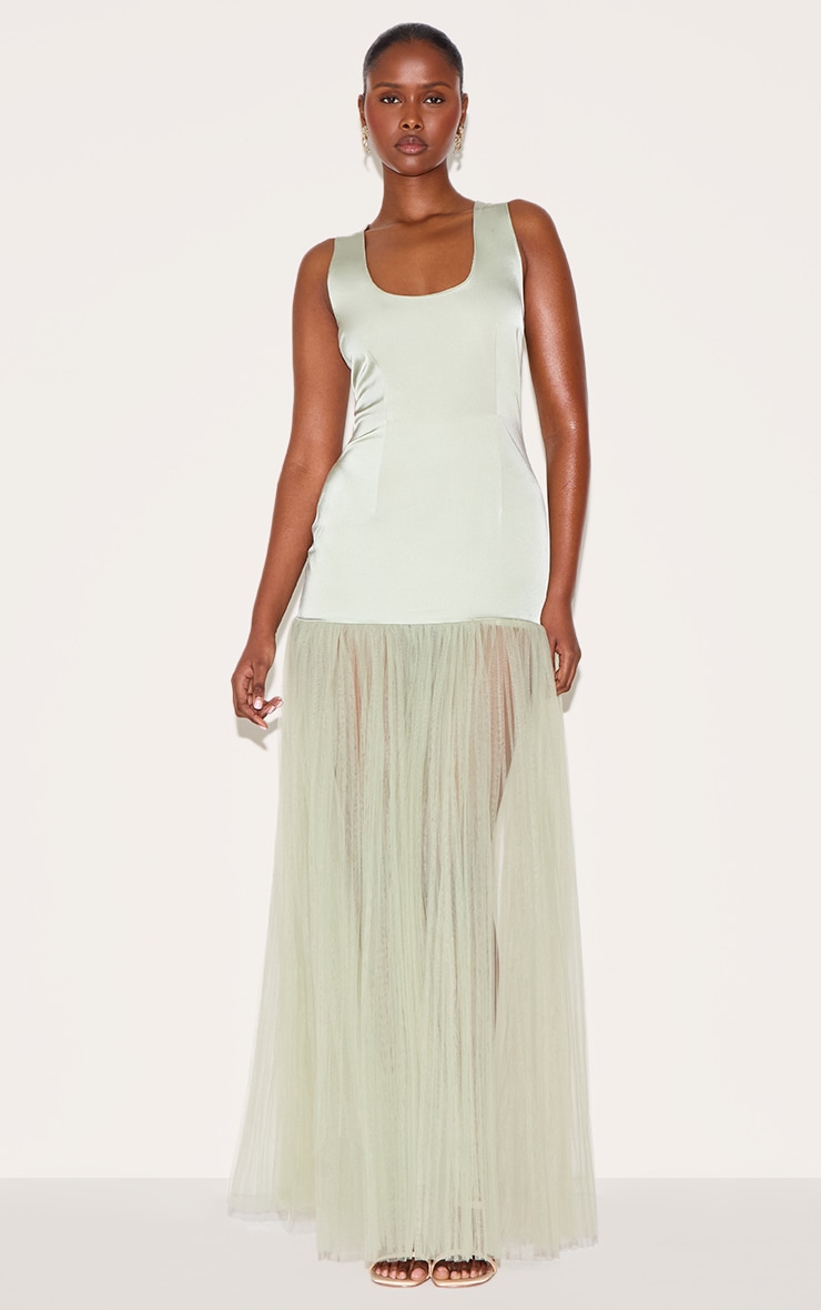 Sage Green Scoop Neck Drop Waist Maxi Dress image 1