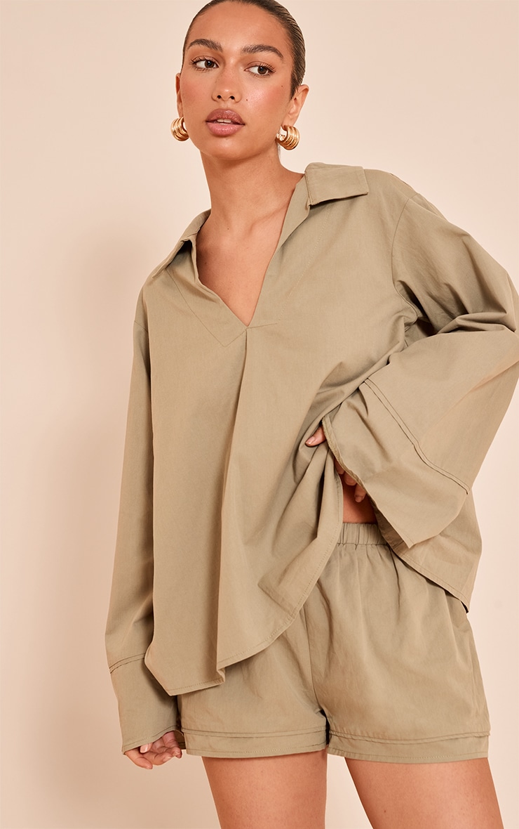 Light Khaki Cotton Woven Pleate Detail Floaty Shorts image 1