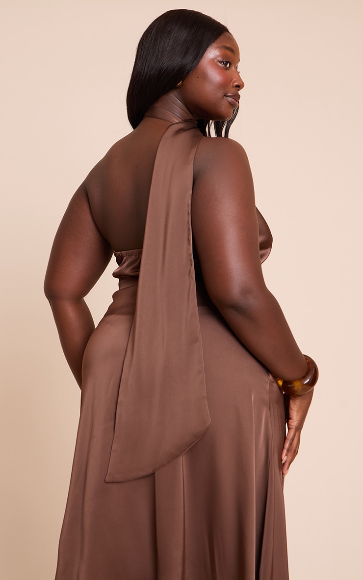 Plus Dark Brown Printed Satin Scarf Detail Crop Top image 2