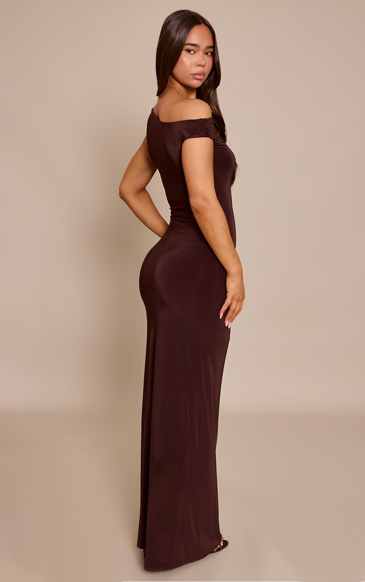 Chocolate Slinky Trim Detail One Shoulder Maxi Dress image 2