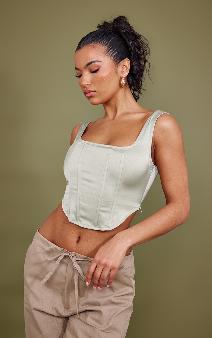 Pale Olive Sculpt Satin Boned Corset
