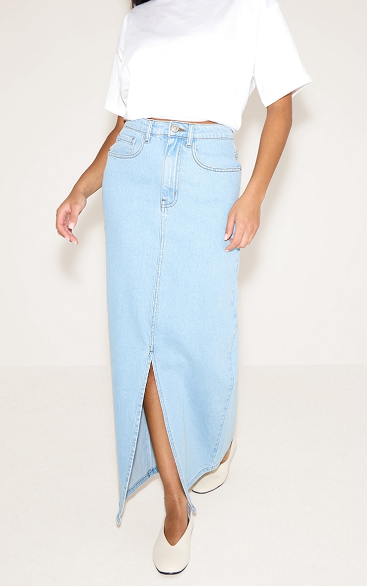 Light Blue Split Denim Maxi Skirt image 2