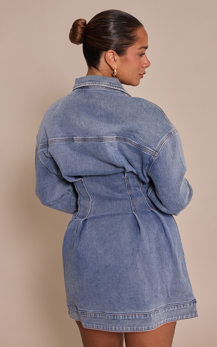 Shape Mid Blue Wash Stretch Denim Cinched Waist Mini Dress image 2