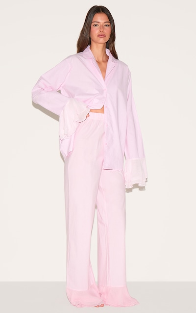 Ensemble de pyjama long en coton rose à ourlets volantés