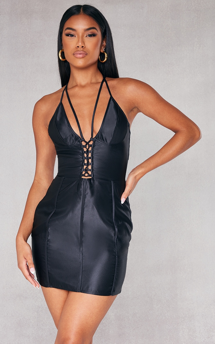 Black Satin Lace Up Detail Strappy Bodycon Dress image 1