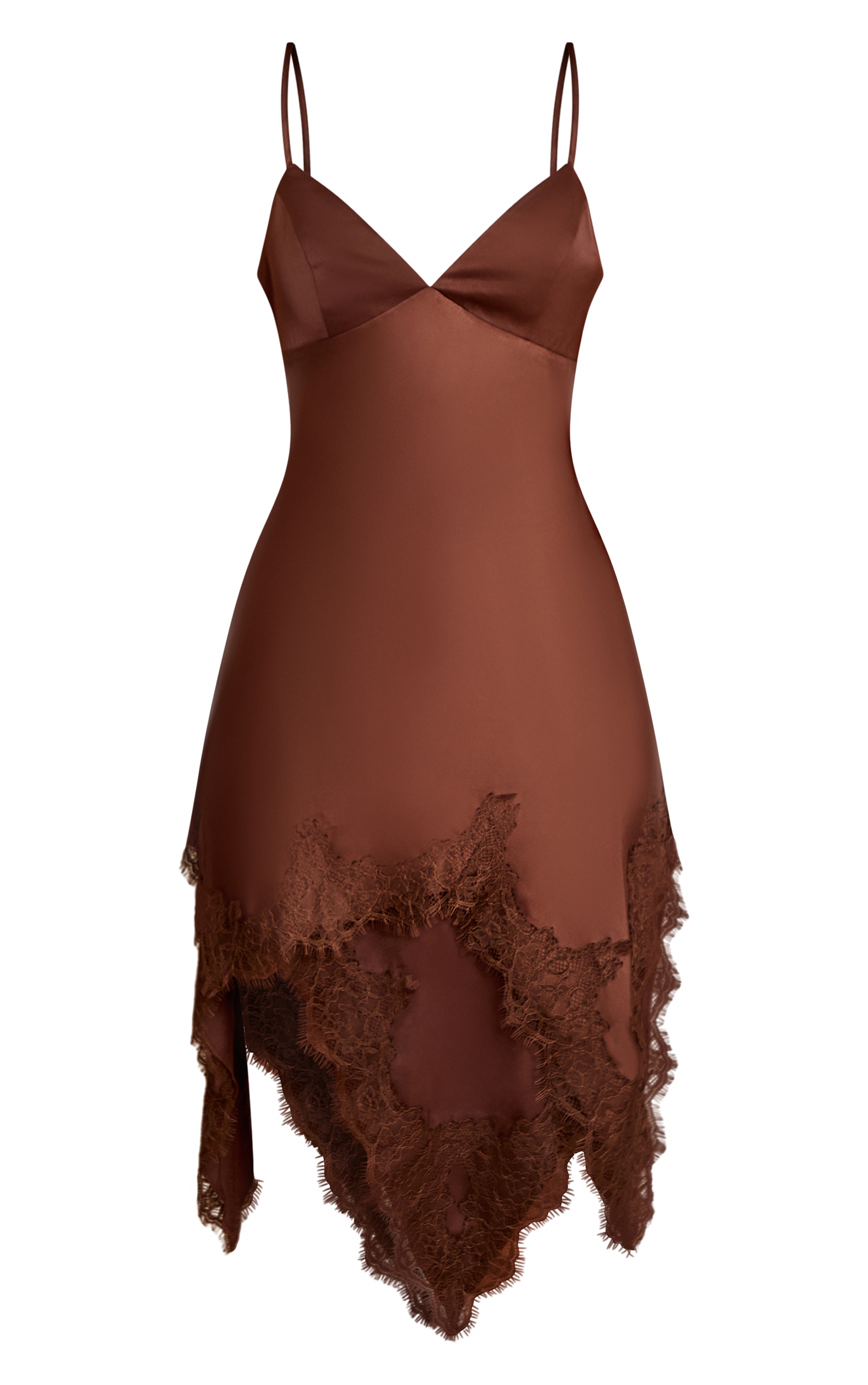 Chocolate Satin Lace Trim Detail Mini Dress image 5