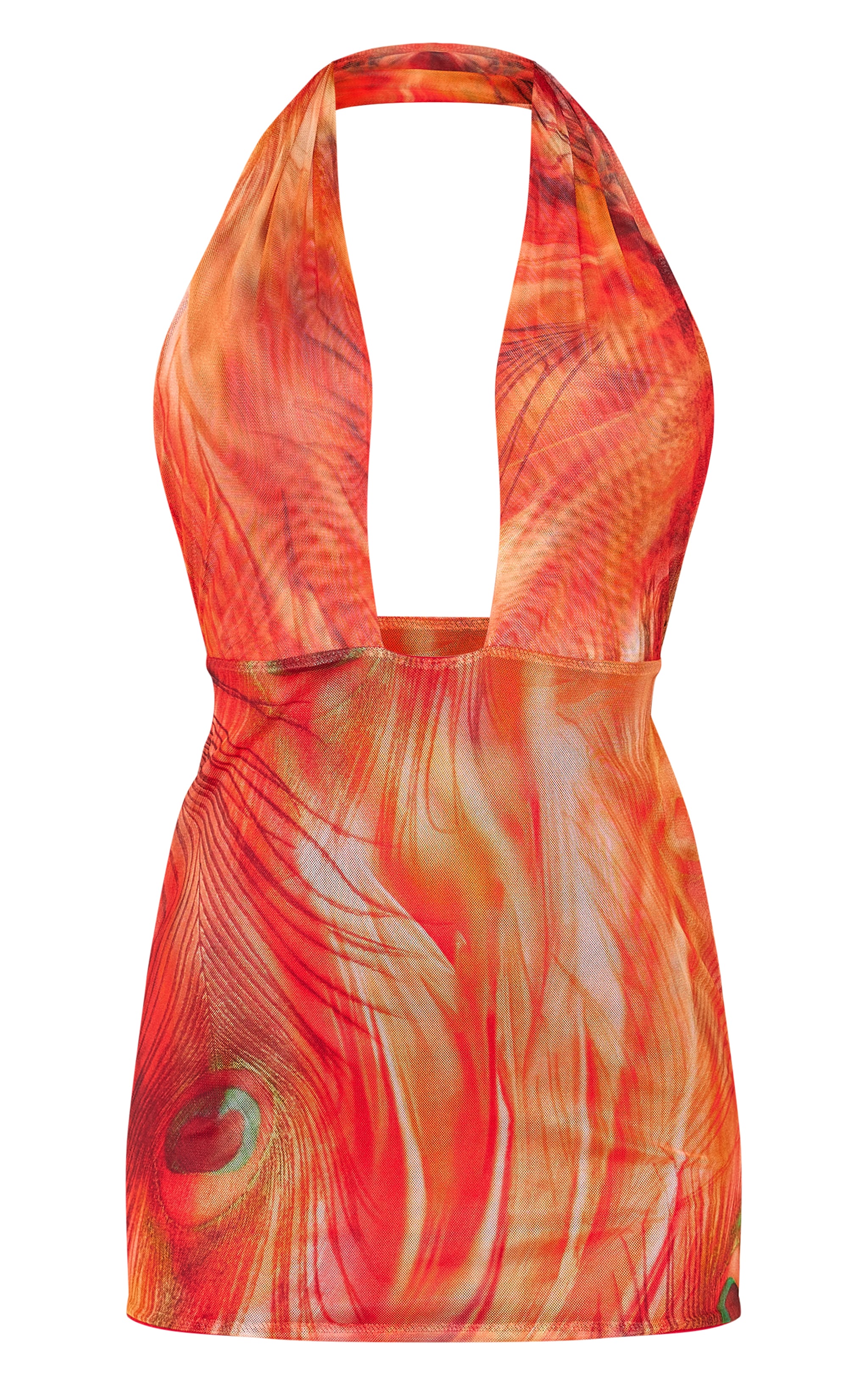 Red Abstract Print Mesh Backless Halterneck Bodycon Dress image 5