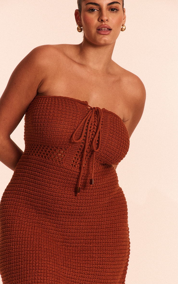 Plus Burnt Orange Burnt Orange Crochet Knit Bandeau Front Tie Mini Dress image 4