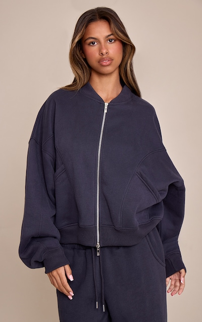 Petite Navy Zip Up Collarless Sweatshirt
