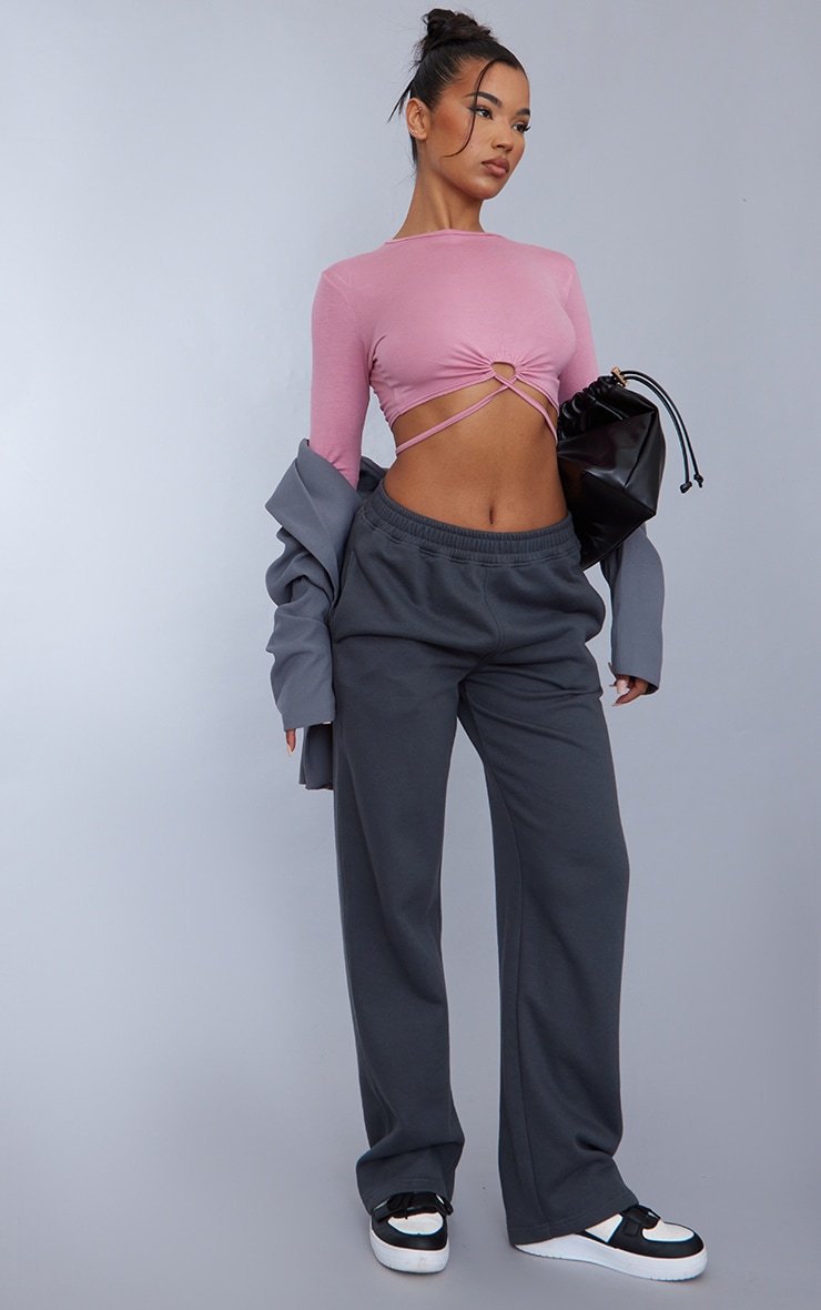 Rose Long Sleeve Tie Front Crop Top Tops PrettyLittleThing USA