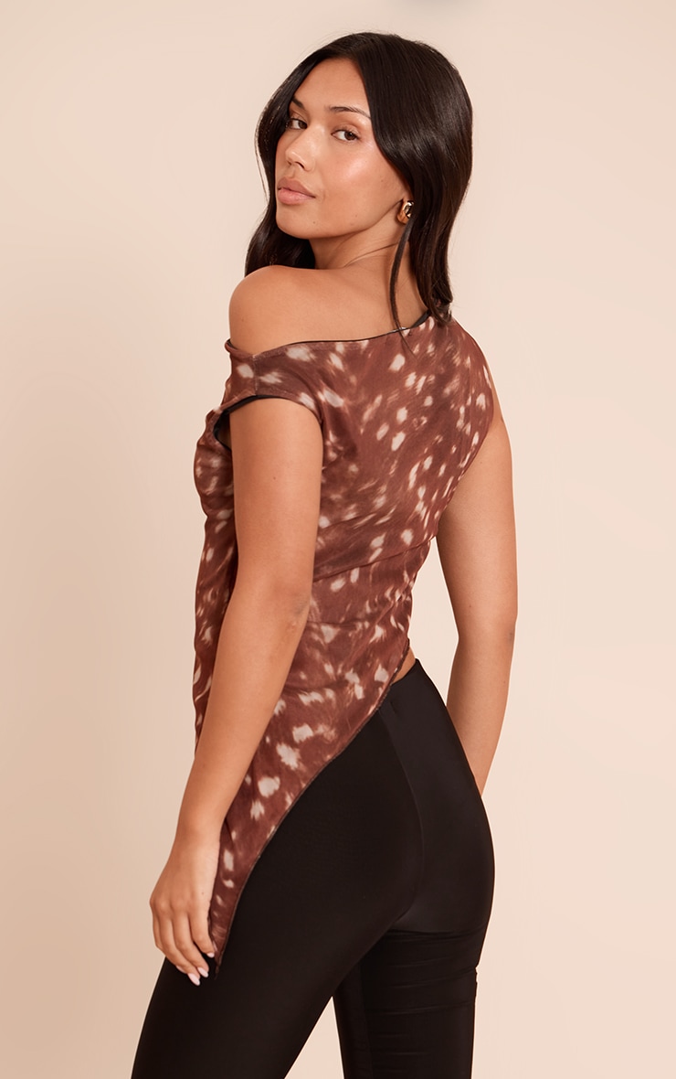 Brown Deer Print Asymmetric Neck Mesh Top image 2