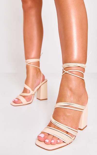 Cream PU Square Toe Strappy Lace Up Block Heeled Sandals