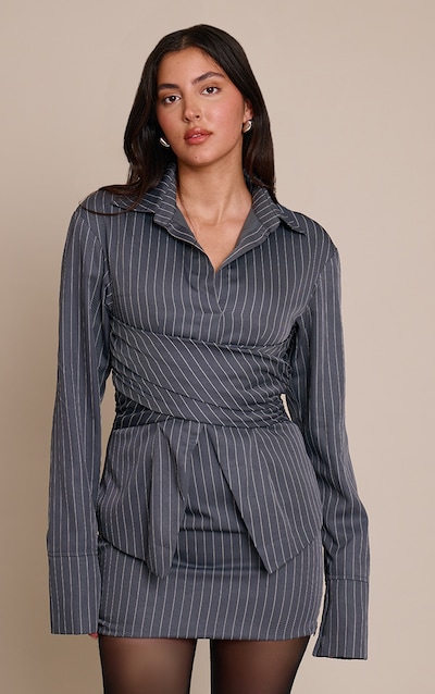Charcoal Pinstripe Wrap Detail Long Sleeve Shirt Dress