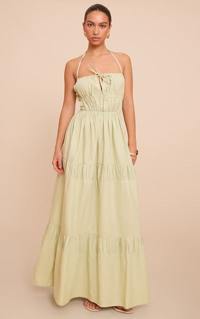 Sage Green Ruched Backless Strappy Maxi Dress