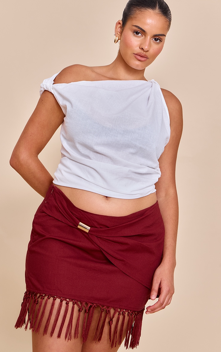 Plus Chocolate Linen Gold Trim Tassle Hem Mini Skirt image 1