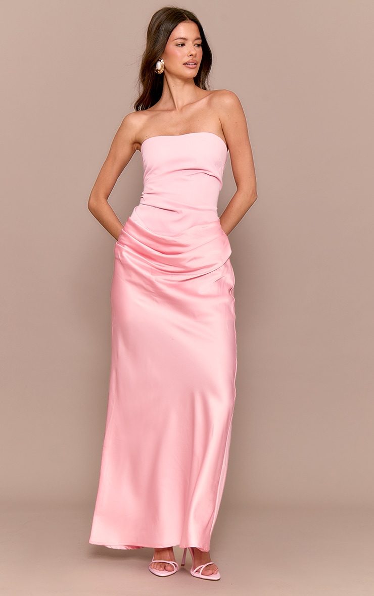 Pale Rose Bandeau Satin Draped Detail Midaxi Dress image 1