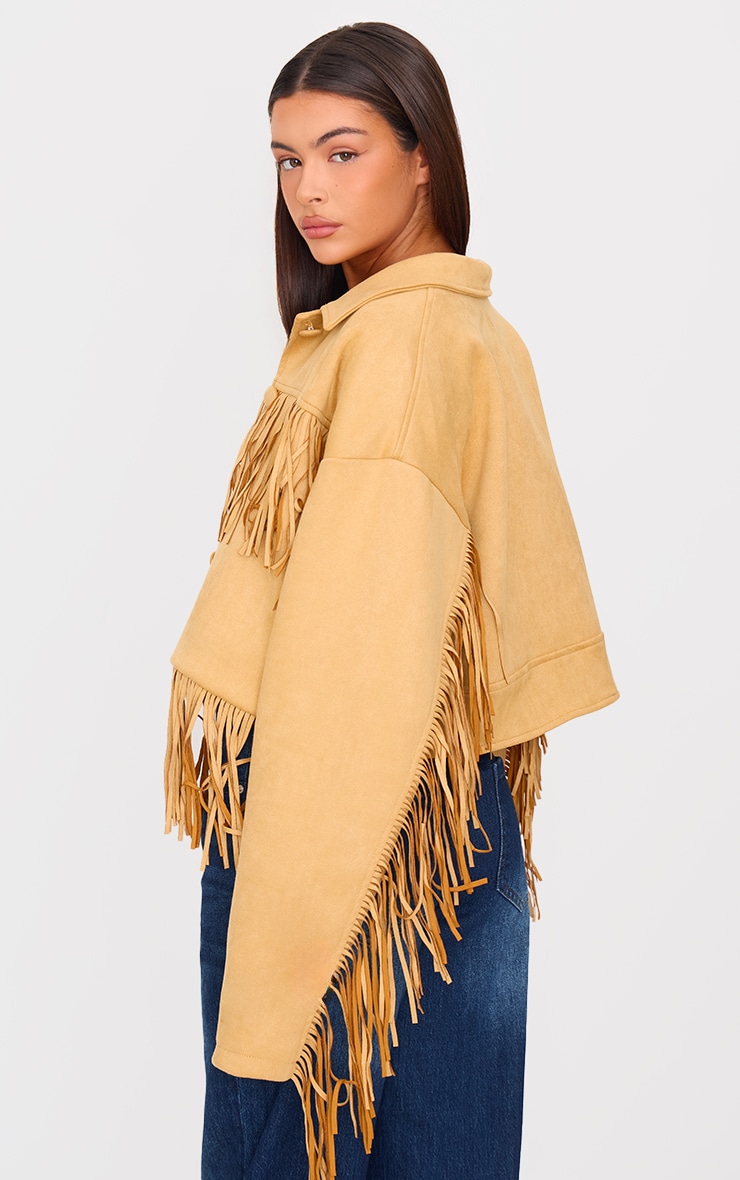 Camel Faux Suede Western Fringe Detail Jacket image 2