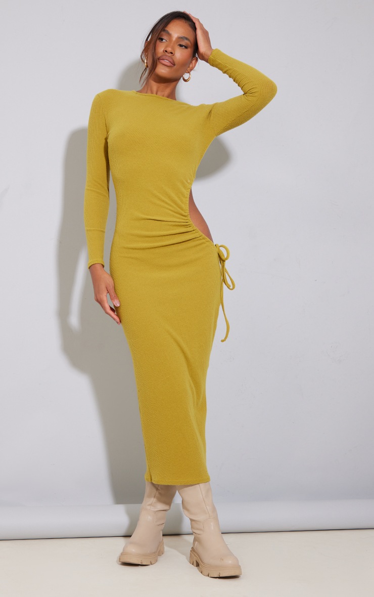 Olive Brushed Rib Ruched Cut Out Midaxi Dress image 3