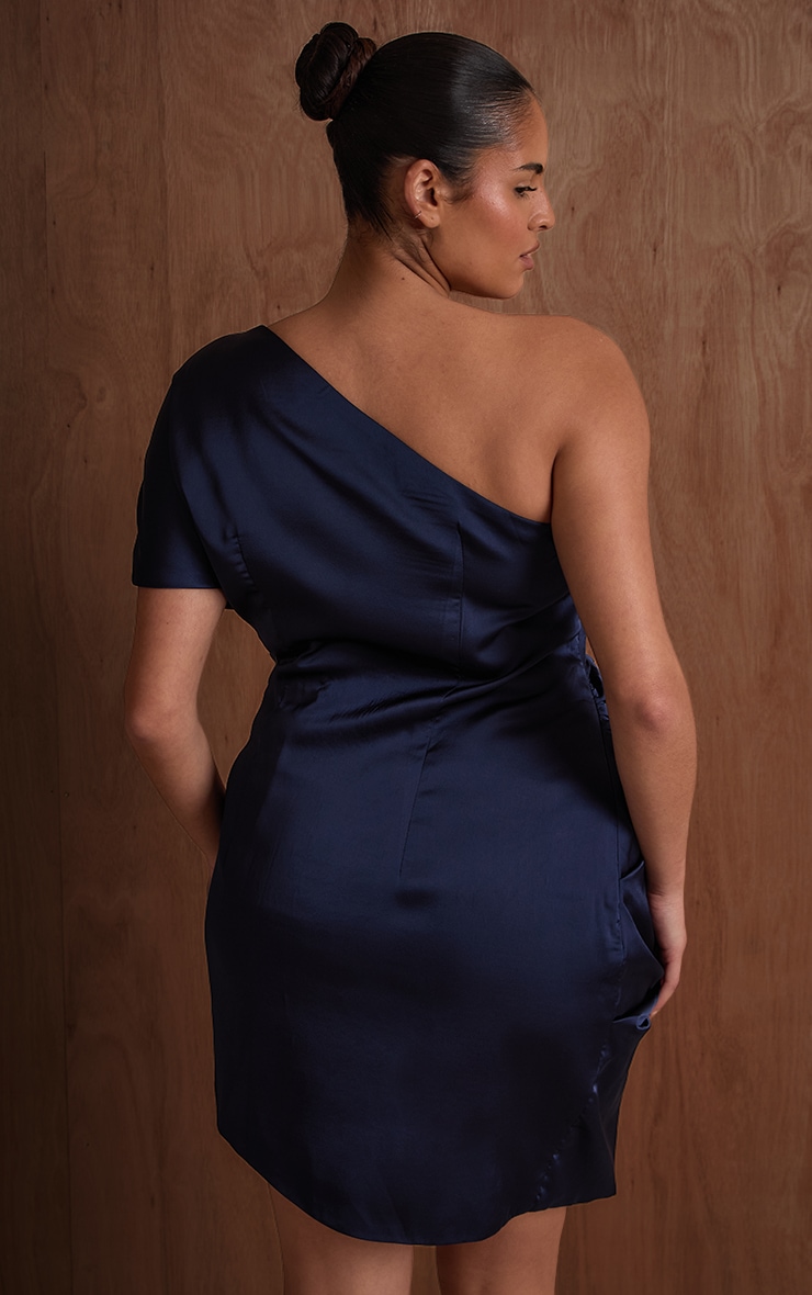 PLT Label Plus Navy Structured Satin Draped One Shoulder Bodycon Dress image 2