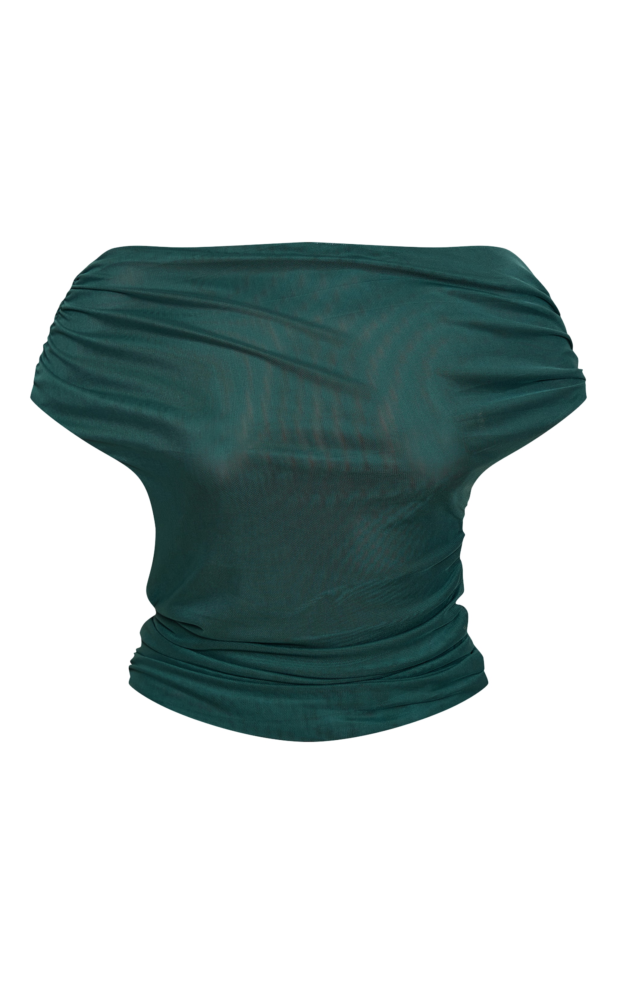 Forest Green Double Layer Mesh Ruched Detail Asymmetric Top image 5