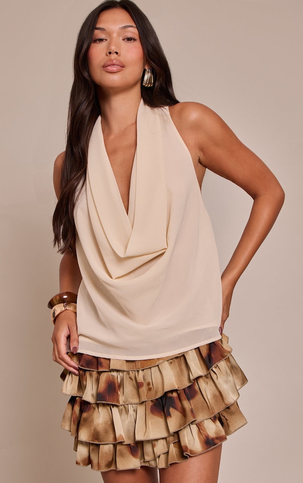 Cream Chiffon Extreme Cowl Neck Detail Long Top