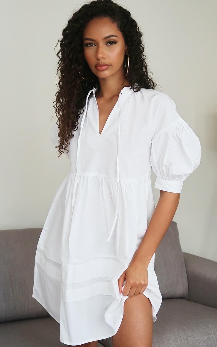 White Woven Tie Front Smock Dress