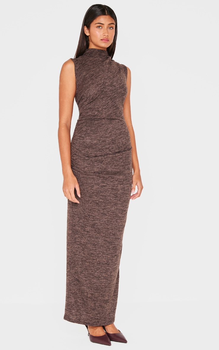 Brown High Neck Ruched Detail Maxi Dress image 3