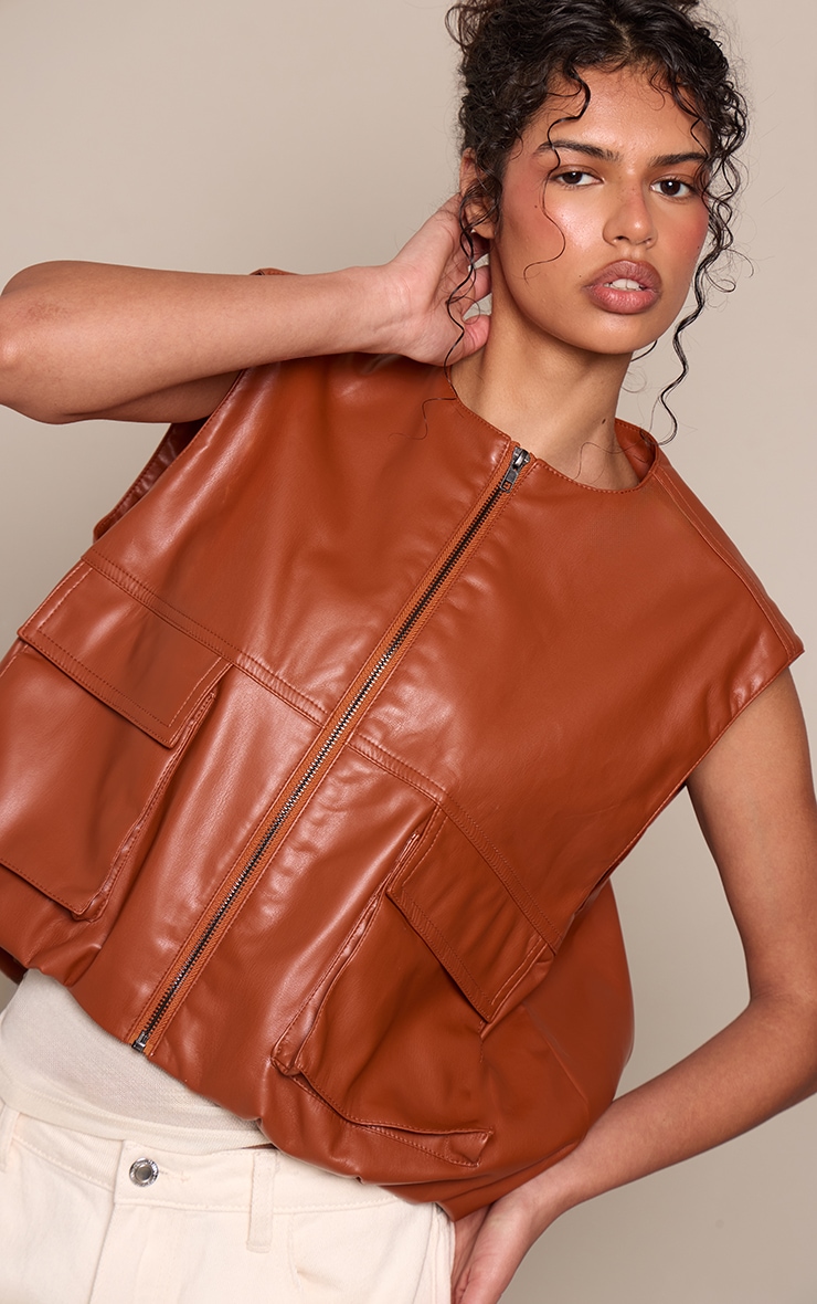Caramel Pocket Detail Faux Leather Gilet