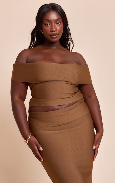 Plus Deep Chocolate Tailored Bandage Knit Asymmetric Fold Over Top