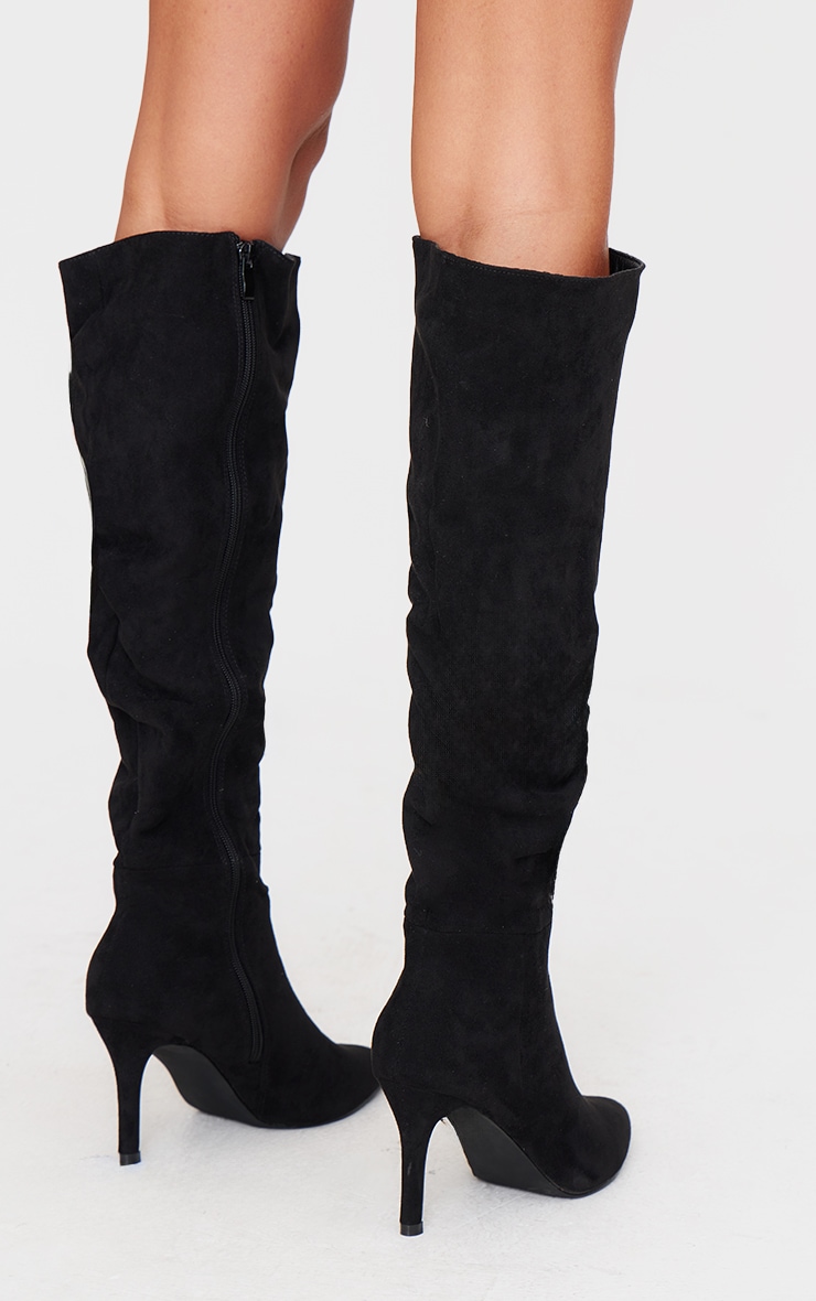 Black Faux Suede Point Toe Ruched Knee High Stiletto Boots image 4