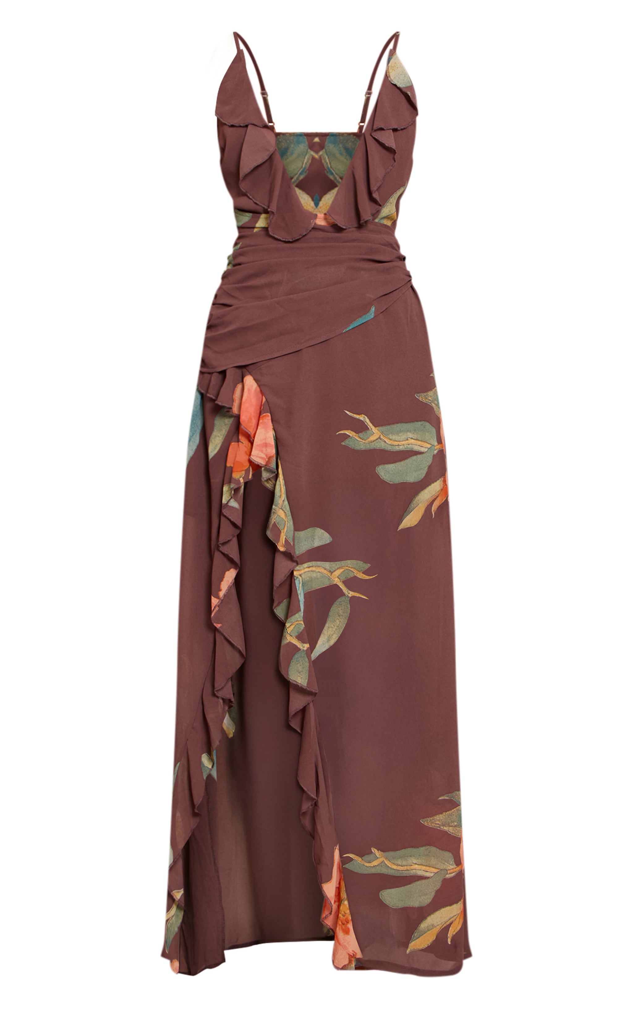 Brown Chiffon Plunge Strappy Maxi Dress image 5