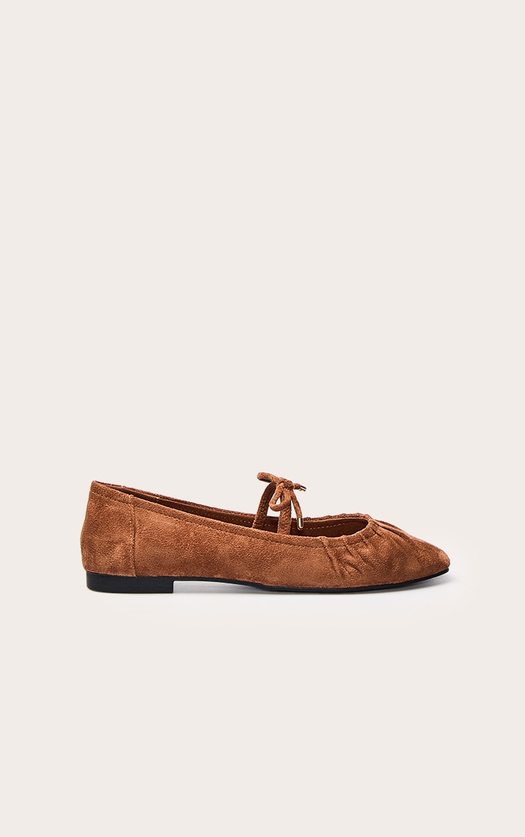Tan Faux Suede Bow Ruched Square Toe Ballet Flats image 2