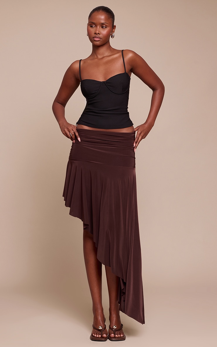 Chocolate Slinky Asymmetric Hem Midi Skirt image 1
