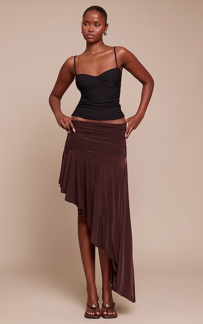 Chocolate Slinky Asymmetric Hem Midi Skirt